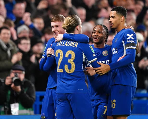 Chelsea's Cole Palmer (left) celebrates scoring his side's fifth goal in the Carabao Cup semi final against Middlesbrough at Stamford Bridge
