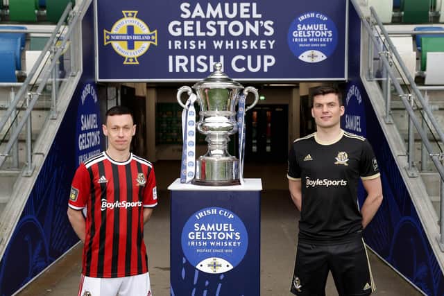 Crusaders duo Paul Heatley (left) and Philip Lowry pose with the Irish Cup trophy