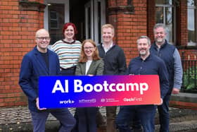Pictured at the launch of the AI Bootcamp - an initiative by Software NI and Workplus connecting early talent with employers seeking AI-ready software skills - are Neil Hutcheson, Software NI, Ruth Harper, Workplus, Russell Beggs, Sonas Ventures. Back row: Emma O’Kane, Ormeau Labs, Neil Anderson, QUB, Jonathan Wallace, UU.  The initiative will run a two-week intensive bootcamp for 50 current or recent software students and connect them into software roles