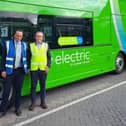 Ballymena bus manufacturer Wrightbus has launched their first ever double-deck zero emission buses designed to combat low bridges. Pictured are Cllr Adam Clarke with Arriva managing director Alistair Hands