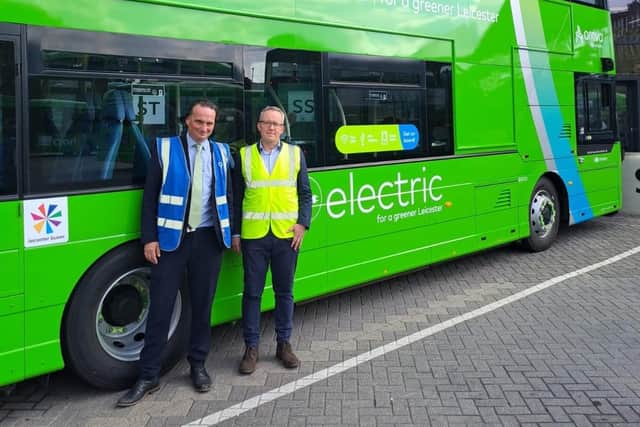 Ballymena bus manufacturer Wrightbus has launched their first ever double-deck zero emission buses designed to combat low bridges. Pictured are Cllr Adam Clarke with Arriva managing director Alistair Hands