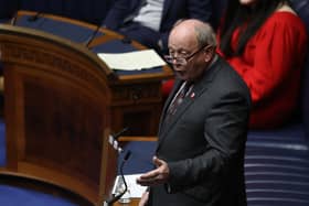 TUV MLA Jim Allister speaking during proceedings at the Northern Ireland Assembly in Parliament Buildings