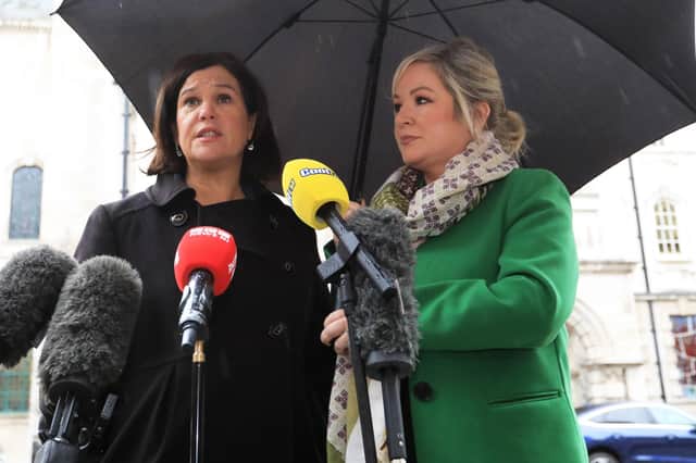 Sinn Fein Party leader Mary Lou McDonald (left) with Sinn Fein vice president Michelle O'Neill speaking to the media at Belfast City Hall