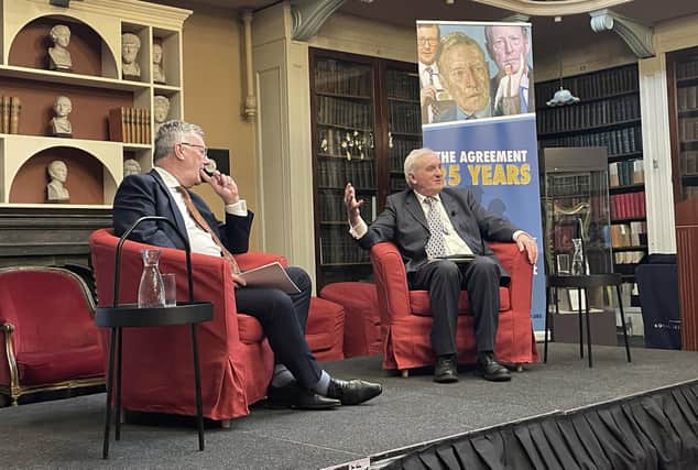 Former Taoiseach Bertie Ahern (right) is interviewed by former UUP leader Mike Nesbitt as part of an event at the Royal Irish Academy in Dublin, to mark the 25th anniversary of the Good Friday Agreement. Photo: Grainne Ni Aodha/PA Wire