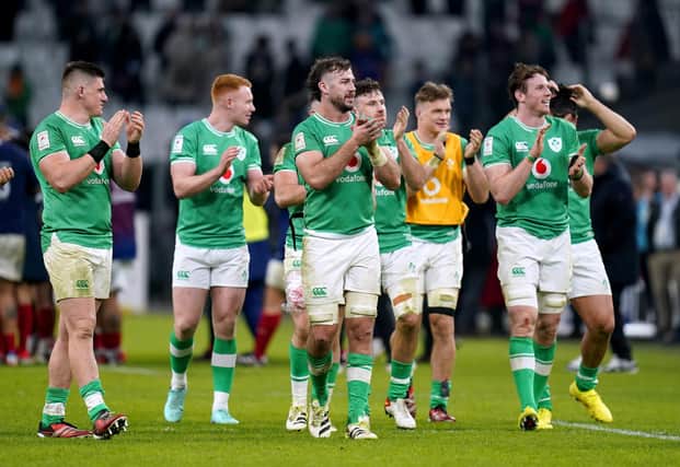 Ireland players applaud the fans at the end of the Guinness Six Nations match at the Orange Velodrome in Marseille, France on February 2. (Photo by Andrew Matthews/PA Wire)
