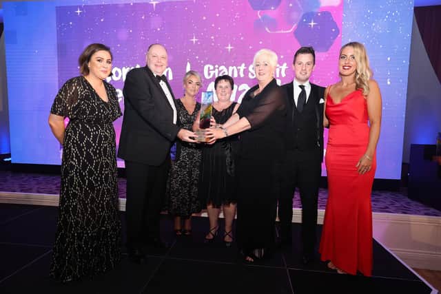 Claire Jones, Ciaran O’Neill, Marie Linton, Anne Marie O’Neill, JP Mc Cafferty and Laura Davies from Bishop’s Gate Hotel are pictured with Angelina Fusco (third from right) at the prestigious awards ceremony