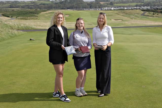 Bushmills based luxury handbag and fashion brand Taylor Yates has collaborated with Royal Portrush Golf Club to create a bespoke range of leather bags, inspired by and designed for use by golfers. Pictured are Ellen and Karen Yates of fashion brand Taylor Yates with Maddy Green of Royal Portrush Golf Club. Credit: Ciaran Clancy