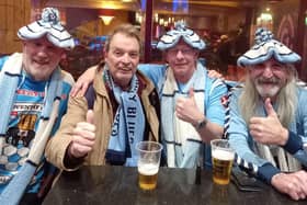 Northern Ireland-born Coventry City fan Roy Hollywood (second left) with some of 'The Mad Hatters' supporters' group during a recent Championship game. (Photo by Roy Hollywood)