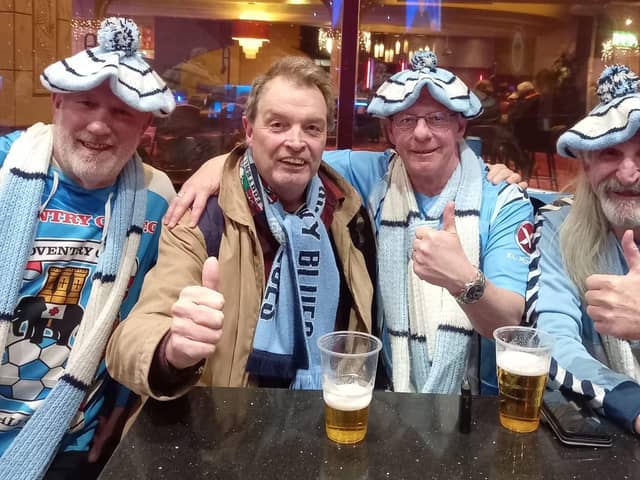 Northern Ireland-born Coventry City fan Roy Hollywood (second left) with some of 'The Mad Hatters' supporters' group during a recent Championship game. (Photo by Roy Hollywood)