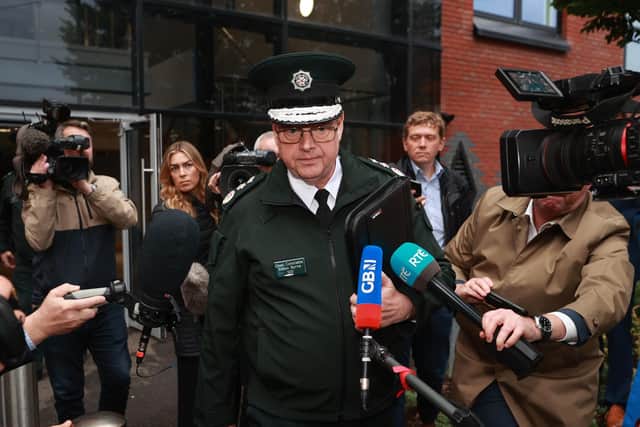 Police Service of Northern Ireland Chief Constable Simon Byrne leaves James House in Belfast after a special meeting of the Policing Board. 
Photo credit should read: Liam McBurney/PA Wire
