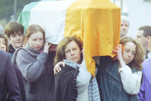 Bernadette McAliskey (centre) carrying Dominic McGlinchey's coffin