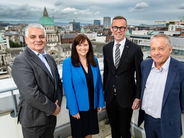 EY Northern Ireland to create 1,000 new jobs in the region over the next five years. Pictured are Mel Chittock, Interim CEO, Invest NI, Judith Savage, consulting partner, EY, Rob Heron, managing partner, EY, Mike Brennan, permanent secretary, Department for the Economy