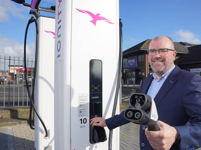 Kennedy Centre Belfast has announced that Northern Ireland’s largest ultra-rapid charging station is now available to use on site. Pictured is Kennedy centre manager, John Jones, with the new IONITY Charging Station