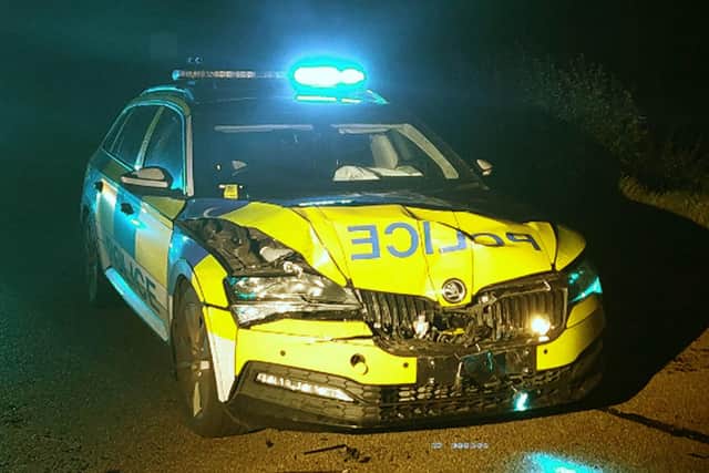 The damaged police vehicle in which two police officers sustained injuries after a vehicle failed to stop in the early hours of Sunday on the Concession Road, Crossmaglen