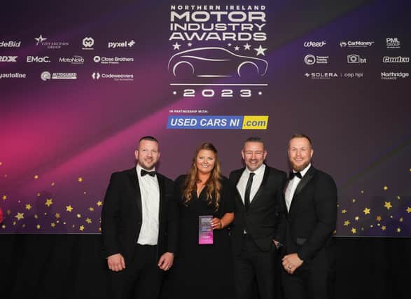 Over 480 motoring professionals representing more than 40 of Northern Ireland’s leading automotive businesses came together to celebrate their achievements at the Northern Ireland Motor Industry Awards. The big winner on the night was the Charles Hurst Group, which walked away with eight awards. Pictured at the event are Luke McCready, Christine Gibney and Andrew Gilmore from Charles Hurst Group with Rob McFarland, head of sales at TradeBid