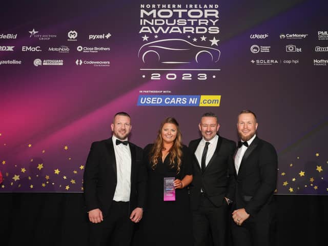 Over 480 motoring professionals representing more than 40 of Northern Ireland’s leading automotive businesses came together to celebrate their achievements at the Northern Ireland Motor Industry Awards. The big winner on the night was the Charles Hurst Group, which walked away with eight awards. Pictured at the event are Luke McCready, Christine Gibney and Andrew Gilmore from Charles Hurst Group with Rob McFarland, head of sales at TradeBid