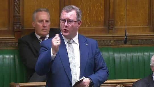 An animated Jeffrey Donaldson addresses MPs in the House of Commons last month. In the course of his speech he told MPs he had been threatened by loyalists over rumours that a deal was being cooked up with the government which would see the DUP return to Stormont without the total removal of the Irish Sea border