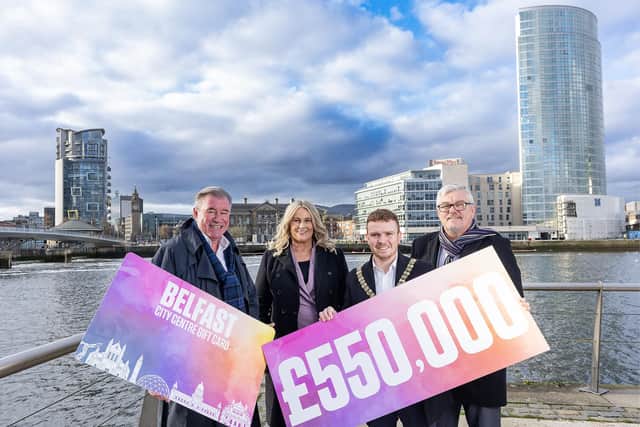 The Belfast City Centre Gift Card has surpassed its 2023 target of £500,000 – by £50,000! The initiative funded by the Belfast Business Improvement Districts (BIDs) Belfast One, Destination CQ and Linen Quarter since 2019, achieved a record breaking £550,000 in sales directly benefiting the 223 city centre businesses involved. Pictured is Alan Crowe Belfast One, Karen Clifford Belfast One, Belfast Lord Mayor councillor Ryan Murphy and Damien Corr Destination CQ