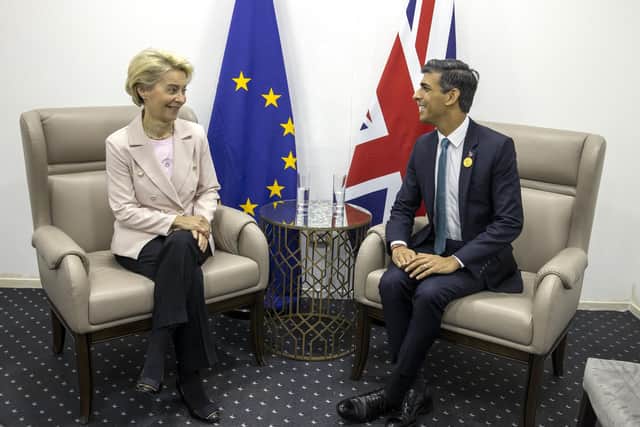 Prime Minister Rishi Sunak with European Commission President Ursula von der Leyen during the UNFCCC COP27 climate conference on November 7, 2022. Rishi Sunak's spokesman said there was "lots of work to do" in all areas of the talks around the Northern Ireland Protocol. European Commission president Ursula von der Leyen said there were "constructive" talks with the UK but "everything is only negotiated at the very end"