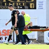 Crusaders defender Jimmy Callacher was carried off with a knee injury against Newry City. PIC: INPHO/Stephen Hamilton