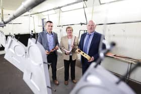 Precision engineering and specialised finishing company, The Exact Group has invested over £300,000 in its capabilities, including becoming a certified applicator of world-leading ceramic coating, Cerakote. Pictured are Ronan Callan, director of operations, The Exact Group, Dr Vicky Kell, director of innovation, research and development at Invest Northern Ireland and Stephen Cromie, managing director, The Exact Group