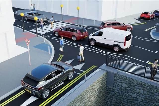 An artist's impression of the Banbridge intersection's new layout, with traffic travelling north and south giving way to vehicles going east and west.