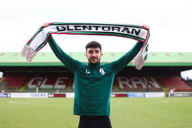 Glentoran's Danny Amos celebrates a contract extension with the Irish League club. (Photo by Richard Trainor Photography)
