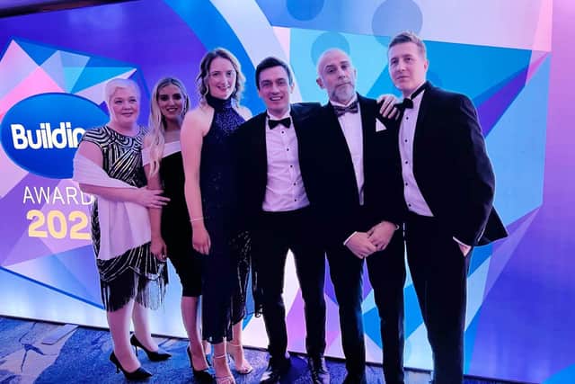 Lisburn offsite manufacturer, McAvoy has garnered significant industry recognition, receiving multiple prestigious awards in quick succession. Pictured are Alyson Prince (Safe Build Solutions), Sarah Bradley (McAvoy) Clare Envy (McAvoy), Gavin Ward (McAvoy), Peter Courtney (LSI Architects) and Daniel Owen (LSI Architect)