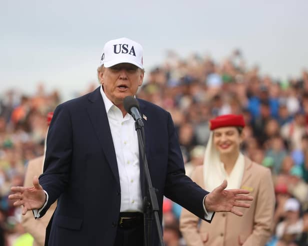Donald Trump speaking after the Irish Open in Doonbeg, Co Clare, on Sunday