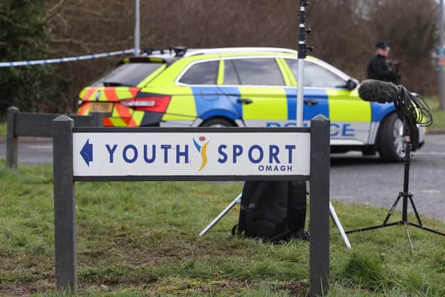 A sign for the Youth Sport Omagh sports complex in the Killyclogher Road area of Omagh, Co Tyrone, where off-duty PSNI Detective Chief Inspector John Caldwell was shot