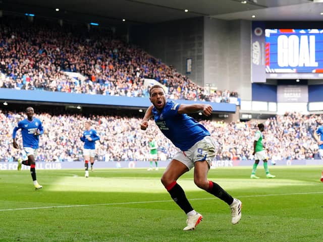 Rangers' Cyriel Dessers celebrates scoring his side's second goal in Saturday's 3-1 win over Hibernian in the Scottish Premiership. (Photo by Jane Barlow/PA Wire)
