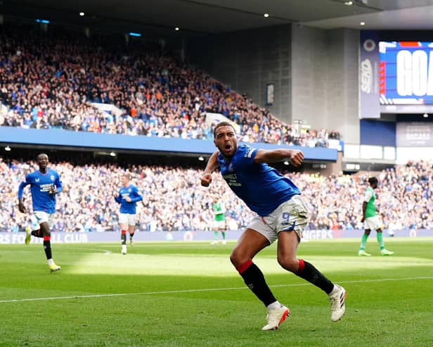 Rangers' Cyriel Dessers celebrates scoring his side's second goal in Saturday's 3-1 win over Hibernian in the Scottish Premiership. (Photo by Jane Barlow/PA Wire)