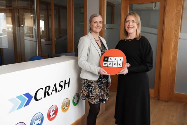 Northern Ireland's CRASH Services proudly celebrates five years since launching the four-day working week for all employees, with no reduction in pay or benefits. Pictured is Paula Mahoney, marketing director and Michelle Murphy, operations director