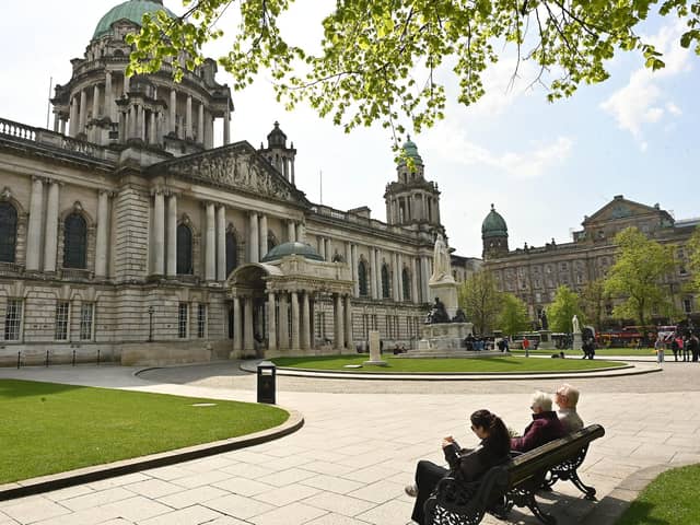Pacemaker Press. 02-05 2024: People pictured enjoying the sunshine at Belfast City Hall.Picture By: Arthur Allison/Pacemaker Press.