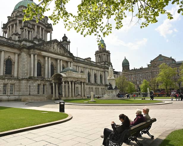 Pacemaker Press. 02-05 2024: People pictured enjoying the sunshine at Belfast City Hall.Picture By: Arthur Allison/Pacemaker Press.