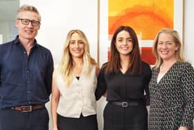 Two women have made company history by becoming the first newly qualified solicitors to complete Lewis Silkin’s training programme in Belfast. Pictured are Lewis Silkin partner Mathew Forde, newly qualified solicitors Megan Kerr and Sarah Mohan, and Ciara Fulton, partner and head of Belfast office