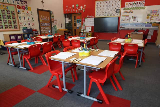 An empty classroom at St Colman's Primary School in Lambeg, Co Antrim, which received a bomb threat. Picture date: Monday October 19, 2026.