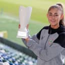 Cliftonville's Danielle Maxwell collects the 2023 Women's Premiership Player of the Year trophy