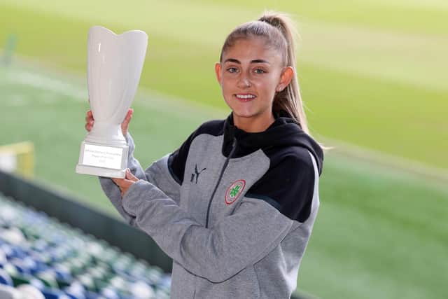Cliftonville's Danielle Maxwell collects the 2023 Women's Premiership Player of the Year trophy