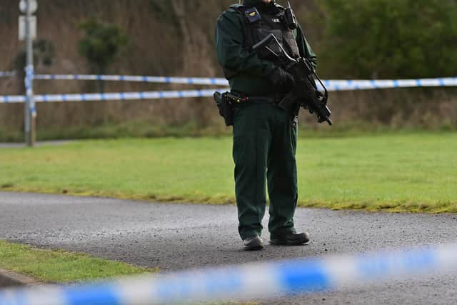 Pacemaker Press 23/02/23: Police and Forensics at the scene as an  attempted murder investigation has been launched after an off-duty police officer was shot at a sports complex in Omagh, County Tyrone, on Wednesday.