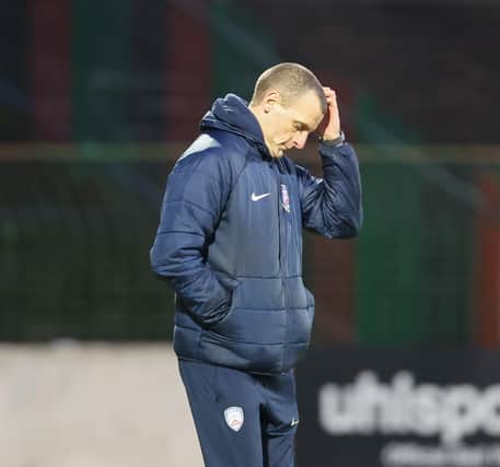 Coleraine manager Oran Kearney during the 6-0 loss to Glentoran at The Oval. (Photo by Desmond Loughery/Pacemaker Press)