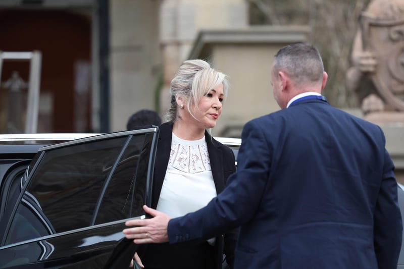 First Minister Michelle O'Neill arrives at Stormont Castle