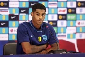 England's Marcus Rashford speaks during the England press conference at Al Wakrah Stadium on Sunday in Doha, Qatar. (Photo by Alex Pantling/Getty Images)