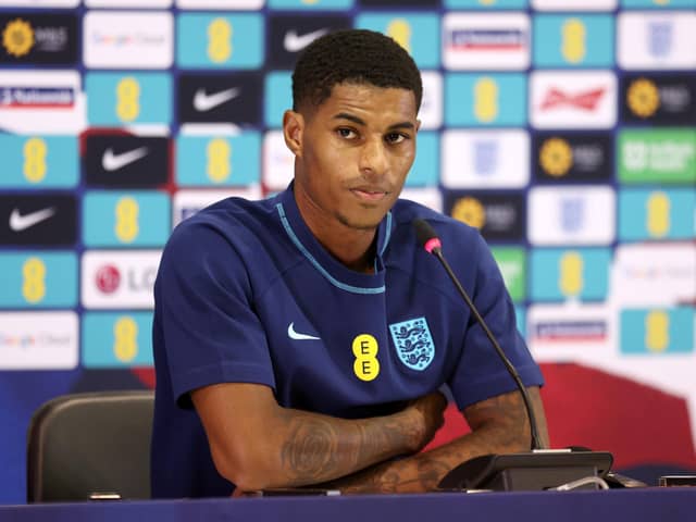 England's Marcus Rashford speaks during the England press conference at Al Wakrah Stadium on Sunday in Doha, Qatar. (Photo by Alex Pantling/Getty Images)