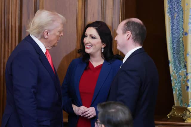 Donald Trump with Emma Little-Pengelly and Gordon Lyons at the Capitol Hill St Patrick's Day lunch event on Wednesday March 12 2025. Picture by Kelvin Boyes/Press Eye