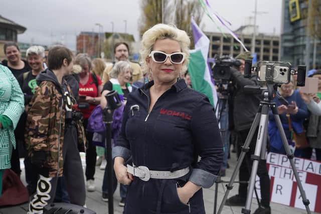 Women's rights activist 'Posie Parker' (real name Kellie-Jay Keen) during a Let Women Speak rally in Belfast