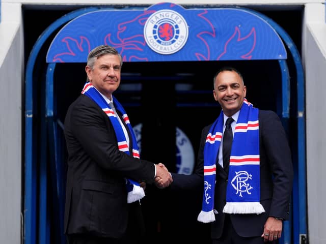 Rangers chairman Andrew Cavenagh (left) and vice-chairman Paraag Marathe at Ibrox. (Photo by Andrew Milligan/PA Wire)