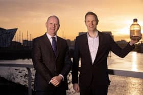 Belfast firm, Catagen to lead consortium that wins Clean Maritime Demonstrator Competition for Decarbonisation. Pictured at Titanic Walkway in Belfast is Catagen CEO and co-founder, Dr Andrew Woods and Joe O'Neill CEO at Belfast Harbour