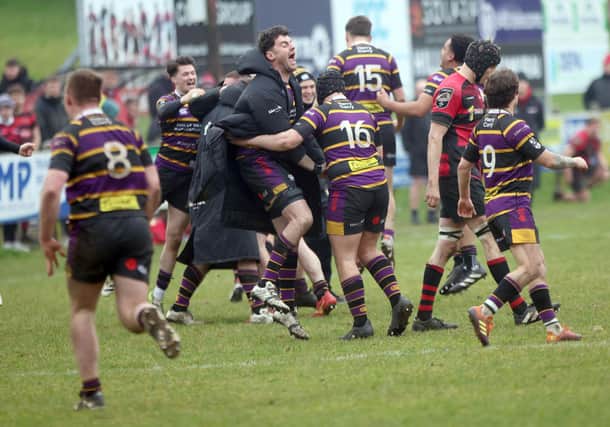 Instonians players celebrate Senior Cup semi-final success over Armagh. (Photo by Pacemaker/Stephen Davison)