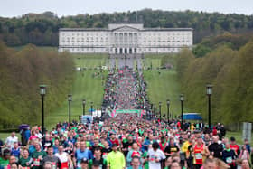 General view of the start of the 2022 Mash Direct Belfast City Marathon at Parliament Buildings, Stormont